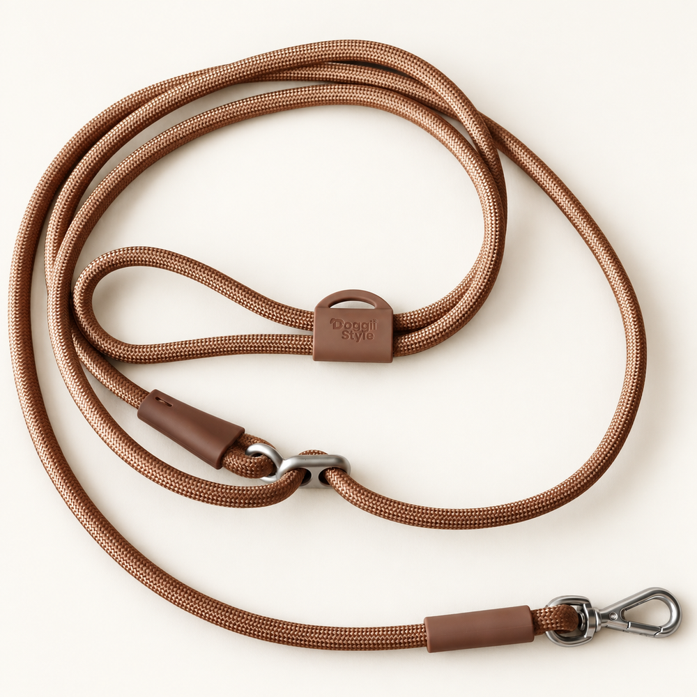 DoggiiStyle Espresso hands-free dog leash coiled to show its braided rope and adjustable loop