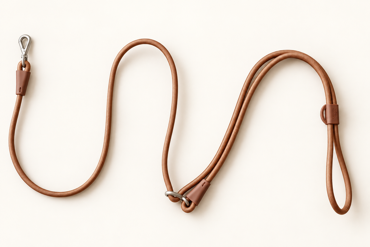 Full-length Espresso crossbody dog leash with adjustable loop and metal clasp