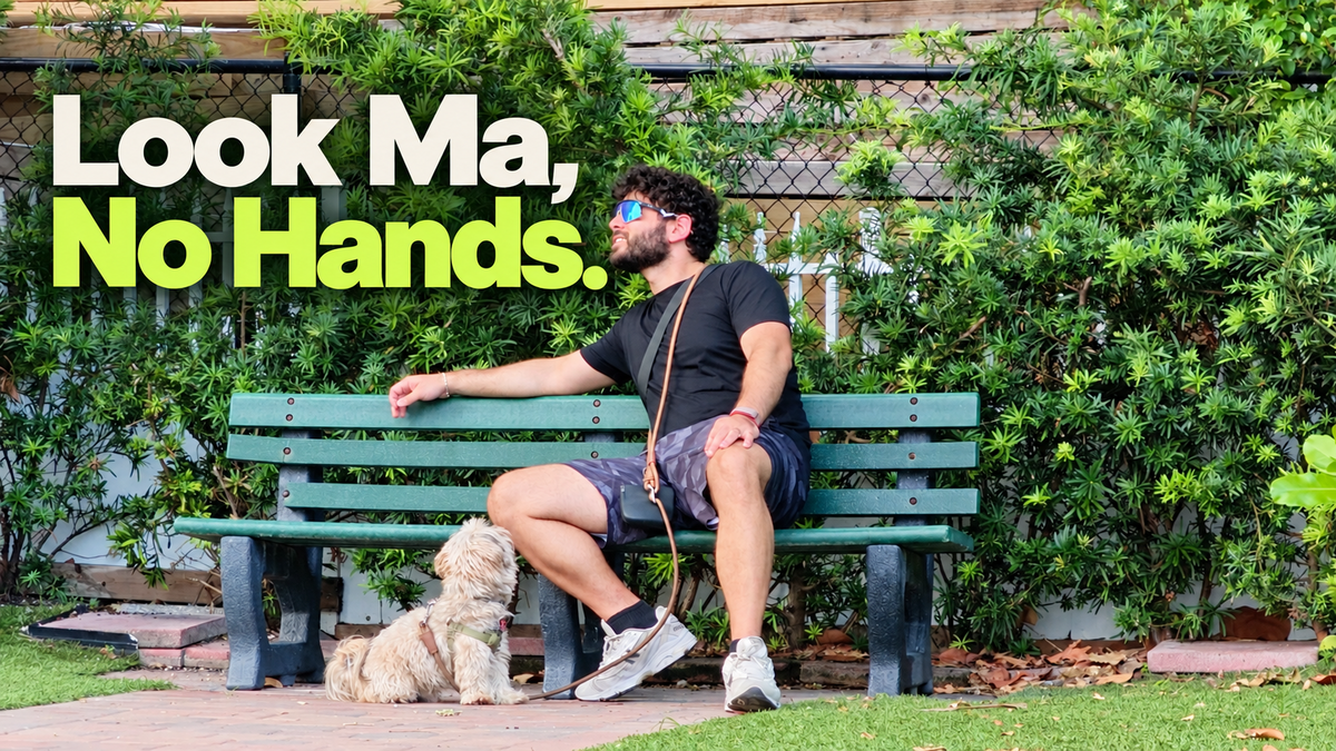 Look ma, no hands. Relaxing with a dog while wearing the DoggiiStyle hands-free leash.